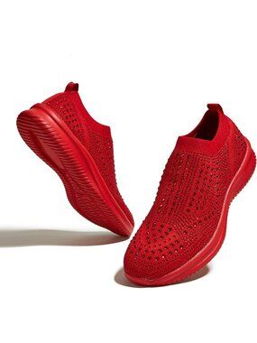 🆕Women's Dark Red Rhinestone Mesh Knit Slip On Walking Breathable Shoes